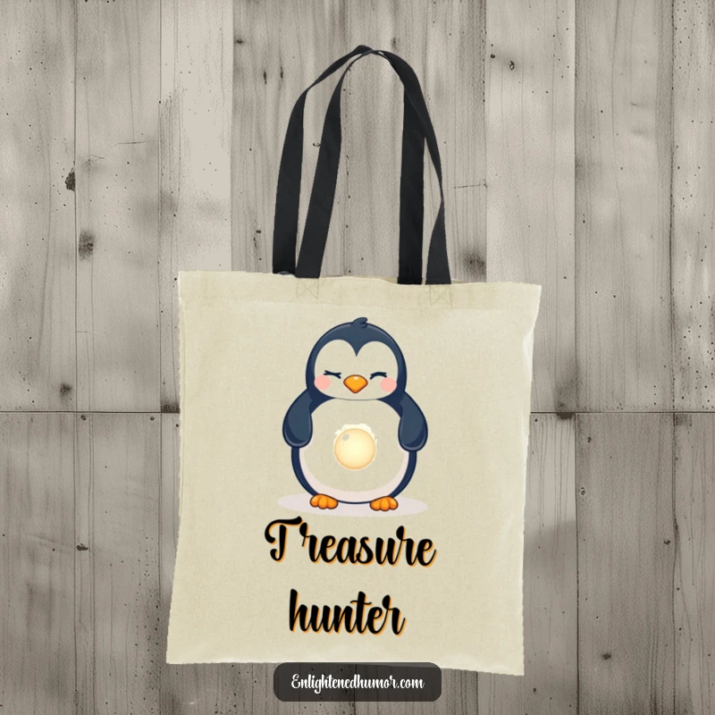 Funny Penguin Pearl Tote Bag: A durable tote showcasing a winking penguin discovering a luminous pearl, ready for adventures.