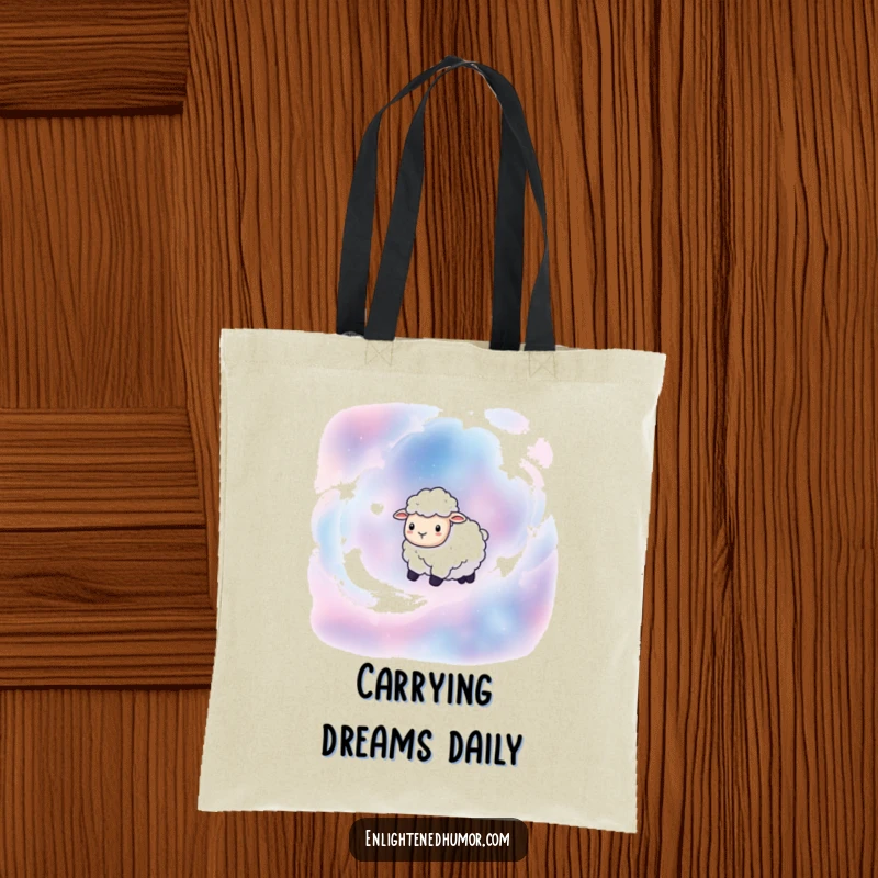 Funny tote bag with a serene sheep floating through swirling nebulae, perfect for carrying essentials with galactic flair.