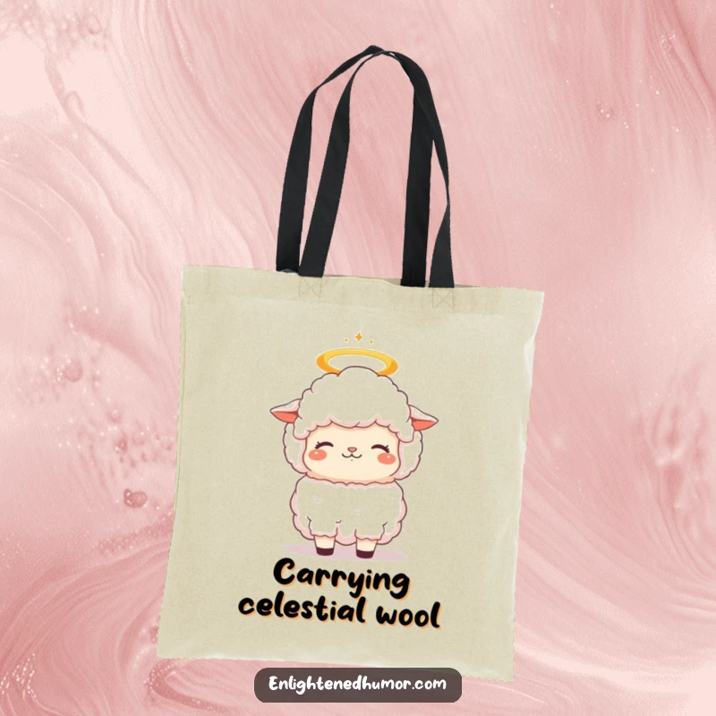 Funny fluffy kawaii sheep tote bag with a halo, its head bobbing in contemplative bliss, a humorous and stylish accessory.