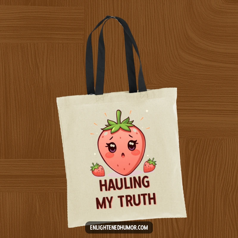 Funny Strawberry Enlightenment Tote Bag with a surprised strawberry, eyes wide, experiencing a sudden, humorous moment of clarity.