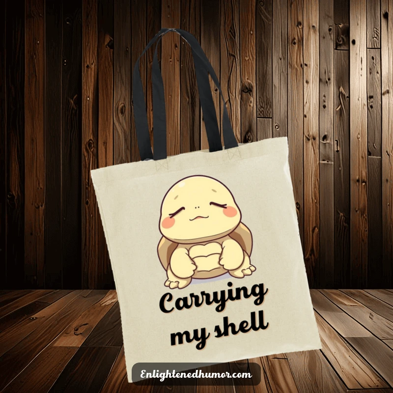 Funny tote bag with a tortoise meditating peacefully, eyes closed, perfect for carrying items with a serene and humorous vibe.