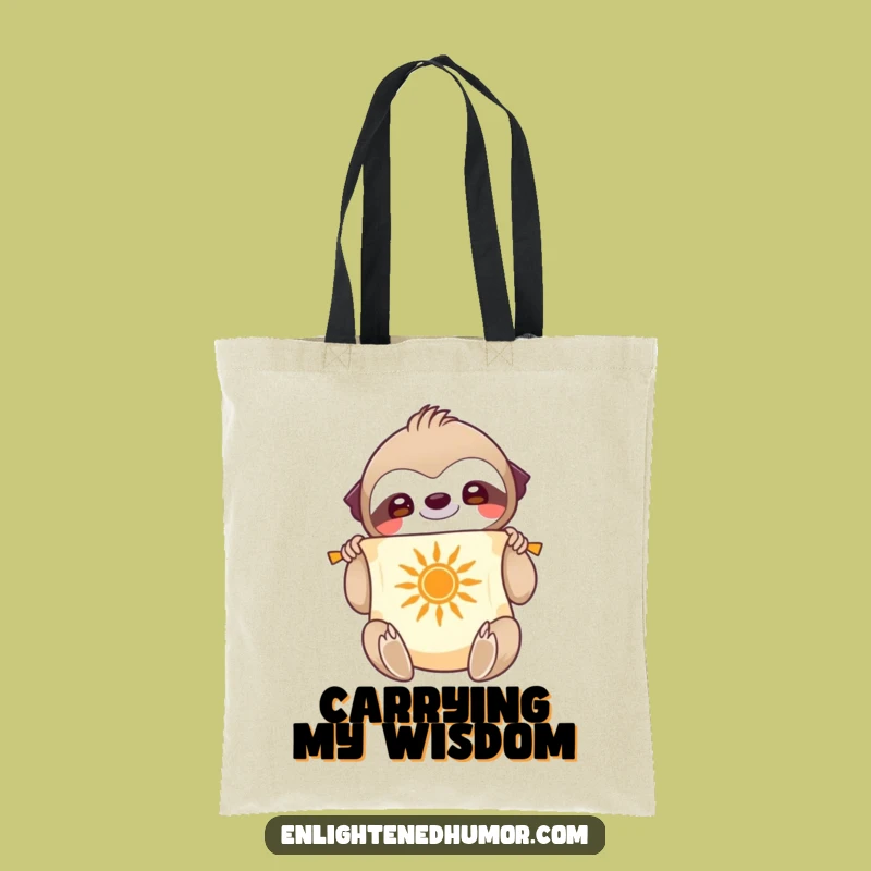 Knowledge Keeper Funny Tote Bag: Smiling Sloth With Scroll and Sun